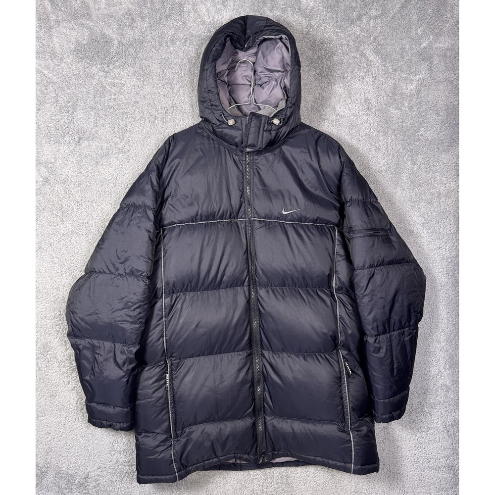 Vintage Nike Puffer Jacket Mens L Quilted Bubble Grey Duck Down Y2K Long Trench